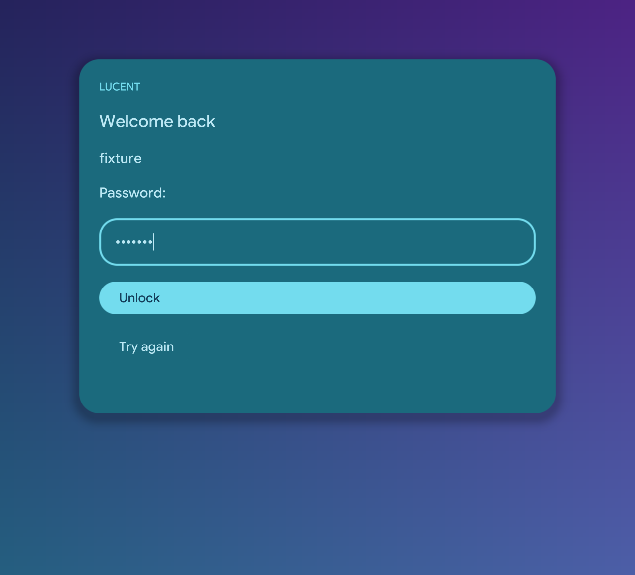 Native session screen with masked fixture input and a primary unlock action