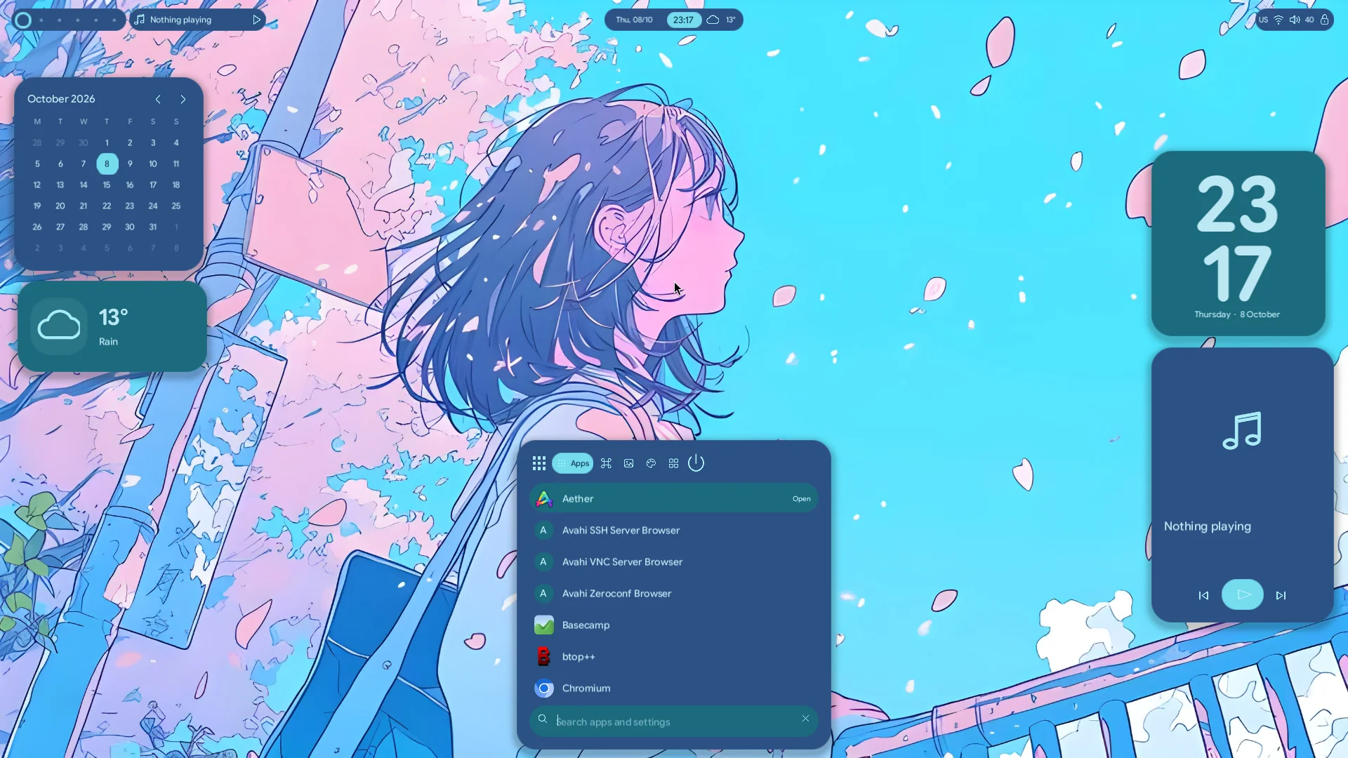 Lucent’s application launcher expanded above the dock, showing installed applications and a search field.