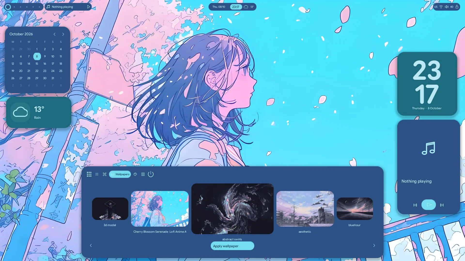 Lucent’s wallpaper carousel with five image previews and an Apply wallpaper button.