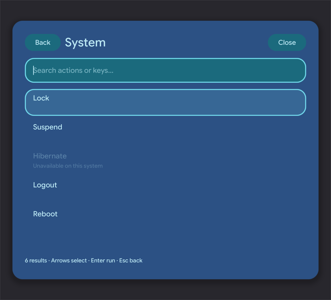 Native System submenu with Back, Close, search and disabled action