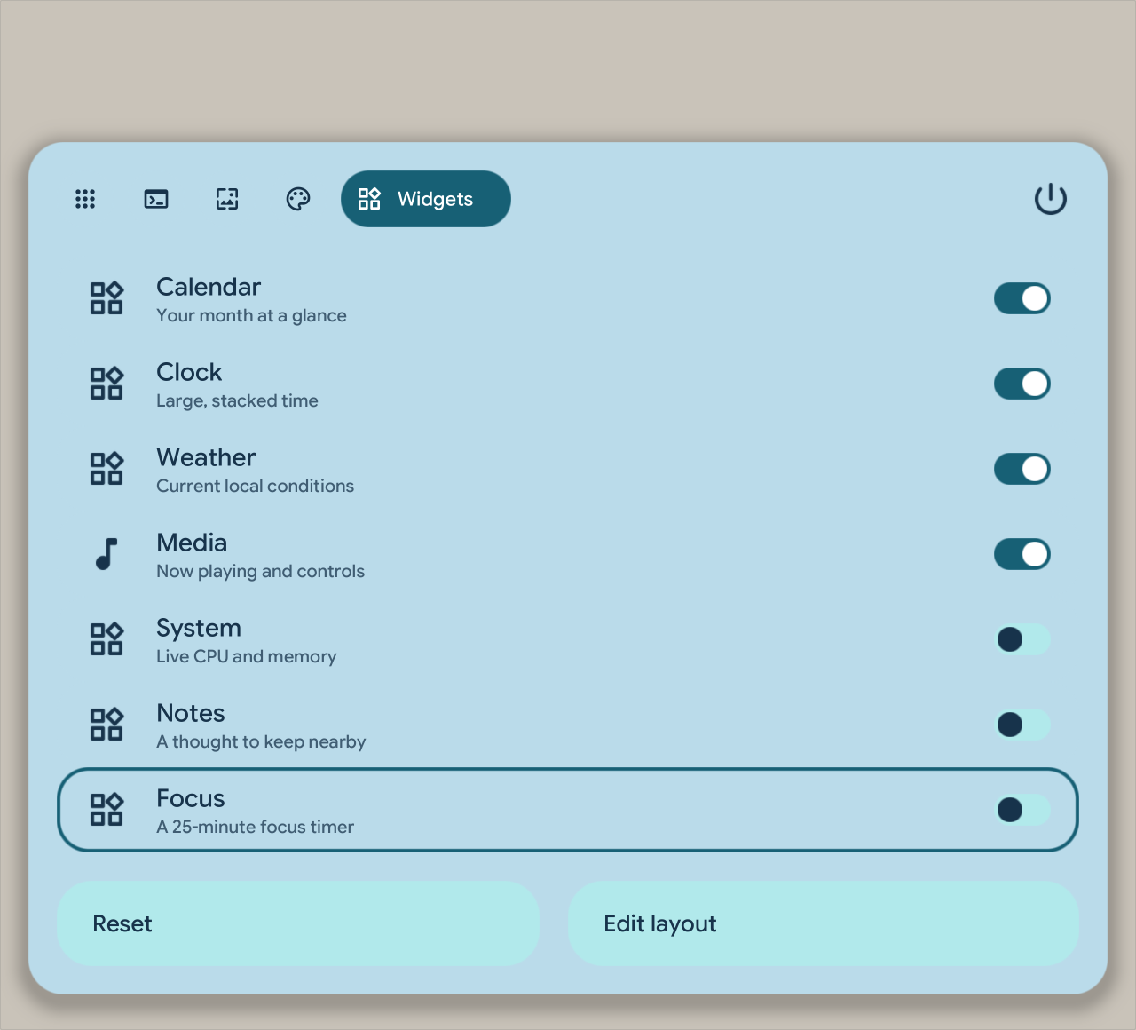 Light native widget selector with drawn switches and a keyboard-selected Focus widget